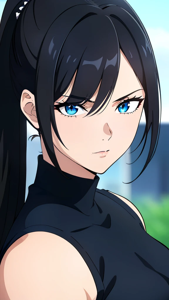 (best quality:1.5, highres, UHD, 4K, detailed eyes, detailed lighting, detailed hair, shaders), black hair, pony tail, hair covering one eye, cool woman, cool girl, sharp eyes, blue eyes, beautiful, large breasts, casual clothes, (pov, close shot, focus on the face)