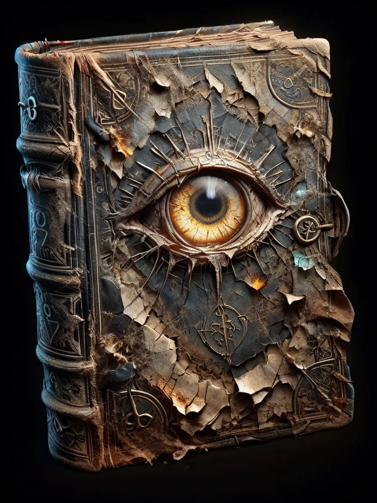 ais-olde book, its leather cover cracked and brittle, pages filled with cryptic symbols glowing faintly in the darkness ,There are eyes on the cover