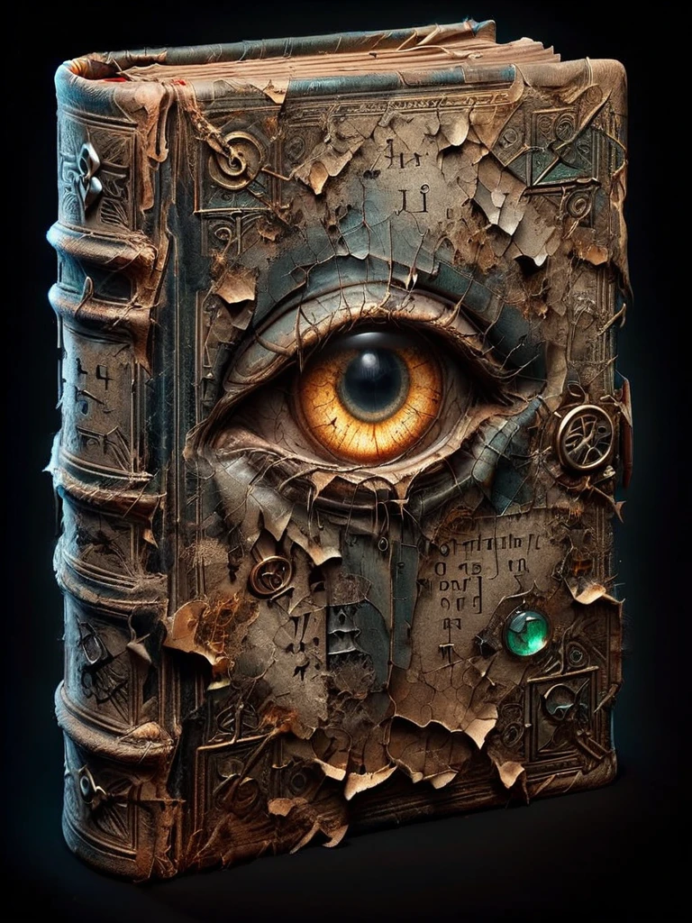 ais-olde book, its leather cover cracked and brittle, pages filled with cryptic symbols glowing faintly in the darkness ,There are eyes on the cover