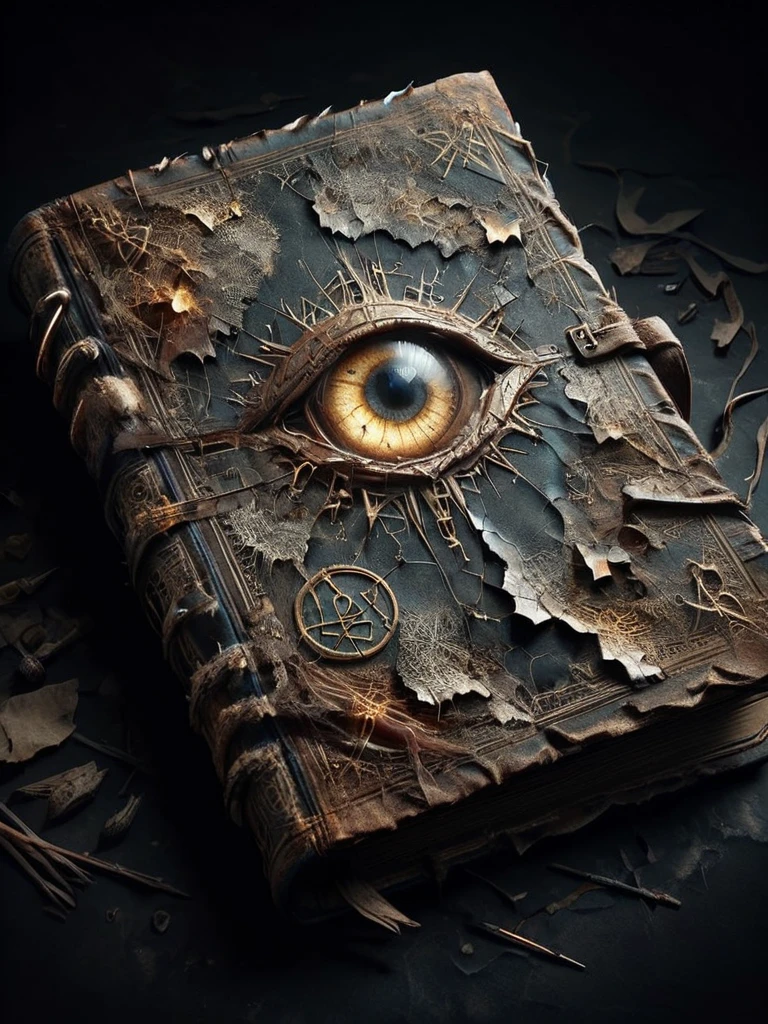 ais-olde book, its leather cover cracked and brittle, pages filled with cryptic symbols glowing faintly in the darkness ,There are eyes on the cover