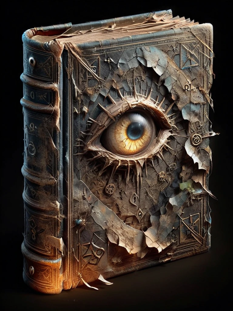 ais-olde book, its leather cover cracked and brittle, pages filled with cryptic symbols glowing faintly in the darkness ,There are eyes on the cover