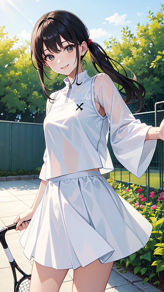 White tennis wear　No sleeve　mini skirt　Medium-long black hair　Great style　smile　garden