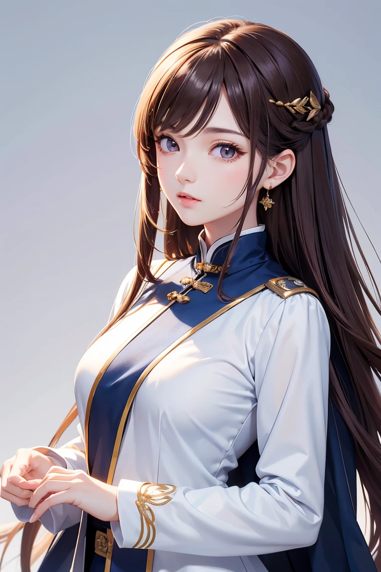 Masterpiece, Best quality, 1 Female, Mature Woman, Elder Sister, young girl, Royal Sister, brown eyes, long hair, smoky mix brown color hair, resolute eyes, white mix blue uniform, long white eardrop, Chinese mix morden, frontal photo, blank background, remove background, anime, illustration