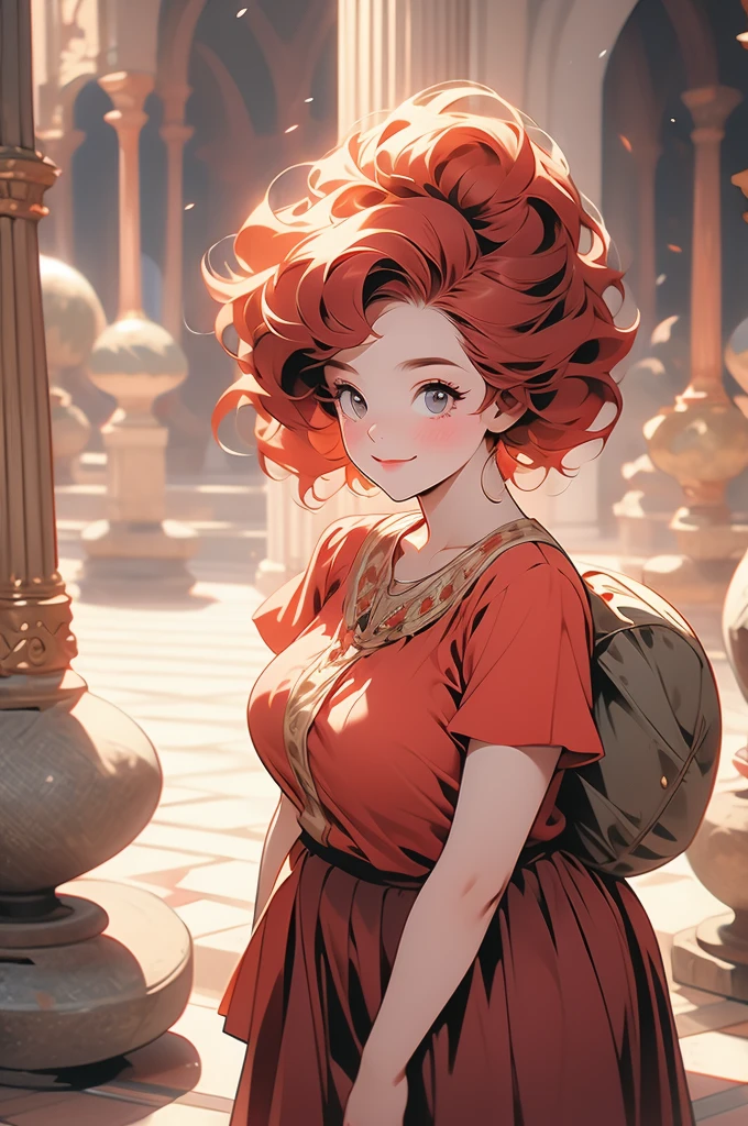 1girl, shortstack, plump, dwarf, looking up at viewer, short red hair, sassy smirk, blouse, skirt, stone floor