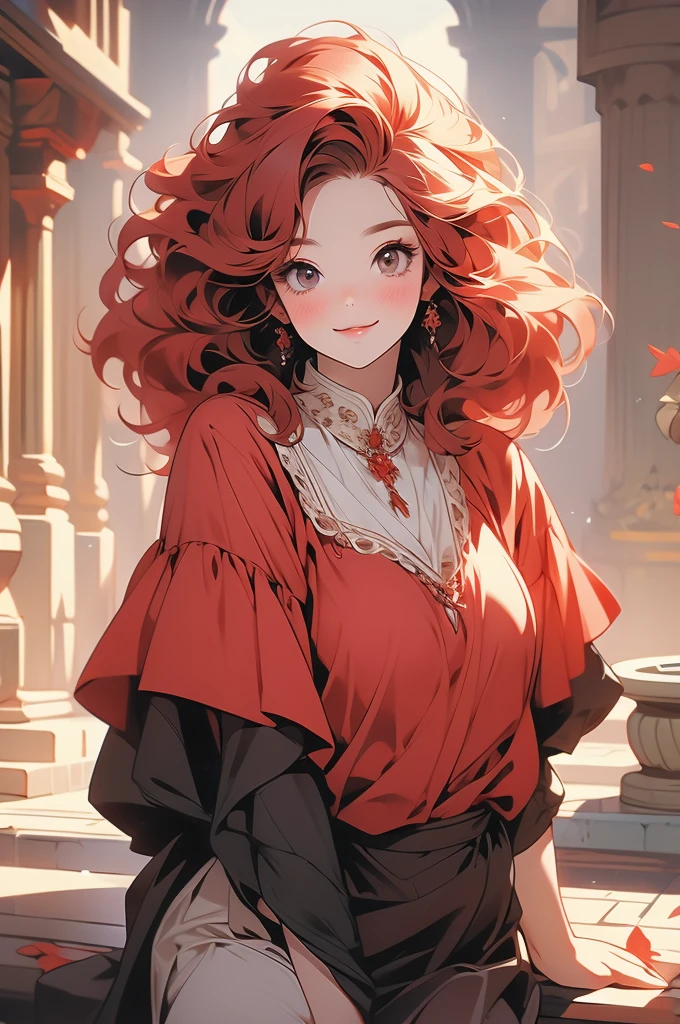 1girl, shortstack, plump, dwarf, looking up at viewer, short red hair, sassy smirk, blouse, skirt, stone floor