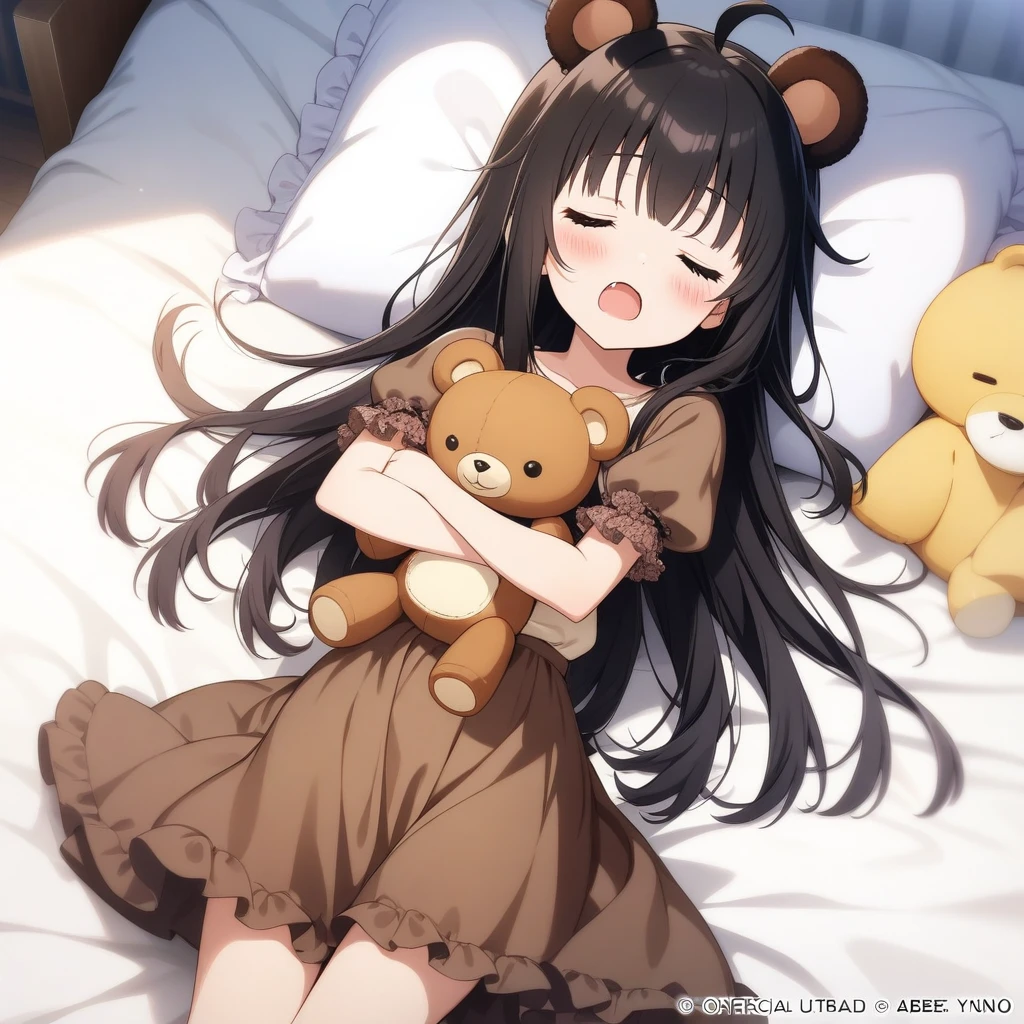 1girl, absurdres, official art, absurdres, koguma yuno, ahoge, animal ears, bear ears, bed, black hair, blush, brown shirt, brown skirt, closed eyes, facing viewer, fang, frilled skirt, frilled sleeves, frills, hugging object, long hair, open mouth, pillow, puffy short sleeves, puffy sleeves, shirt, short sleeves, skirt, sleeping, solo, stuffed animal, stuffed toy, teddy bear, underwear, very long hair, ((very aesthetic, best quality, ultra detailed))
