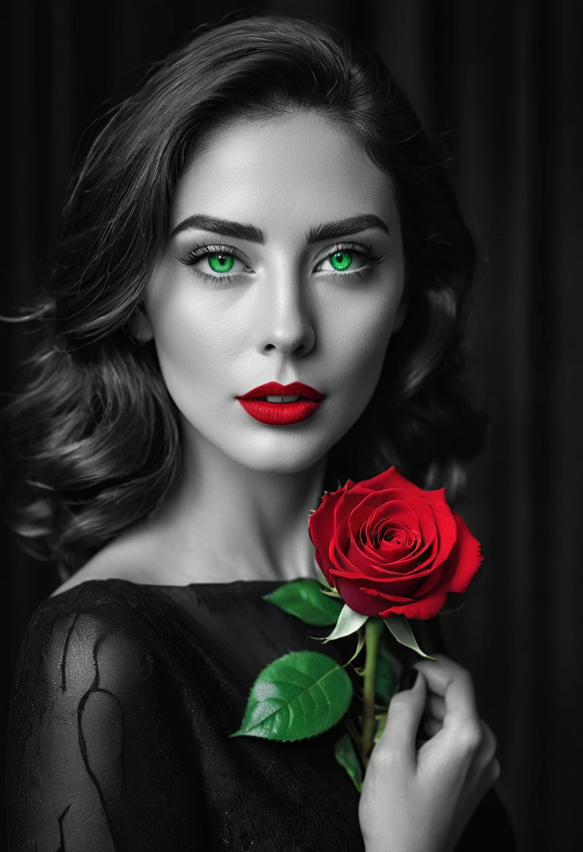 black and white, a woman with green eyes, flawless skin, half body shot, holding a red rose, wearing red lipstick, whimsical photography style, captured with an Arriflex 35BL camera using Canon K25 prime lenses, cinematic, dramatic lighting, ultra clear, breathtaking surreal masterpiece.