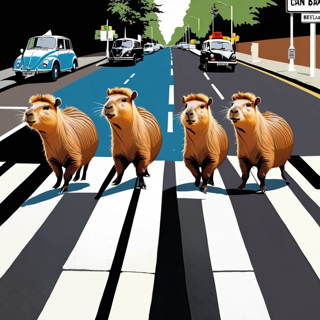 Four cute capybara, Beatles impersonation, same hairstyles and outfits, walking right on Abbey Road zebra crossing, Abbey Road is the 11th album of the British rock band The Beatles. 