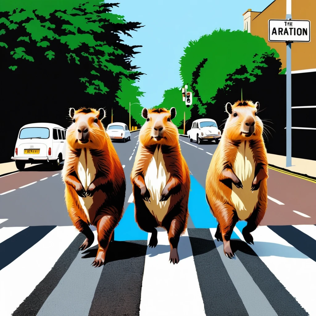Four cute capybara, Beatles impersonation, same hairstyles and outfits, walking right on Abbey Road zebra crossing, Abbey Road is the 11th album of the British rock band The Beatles.