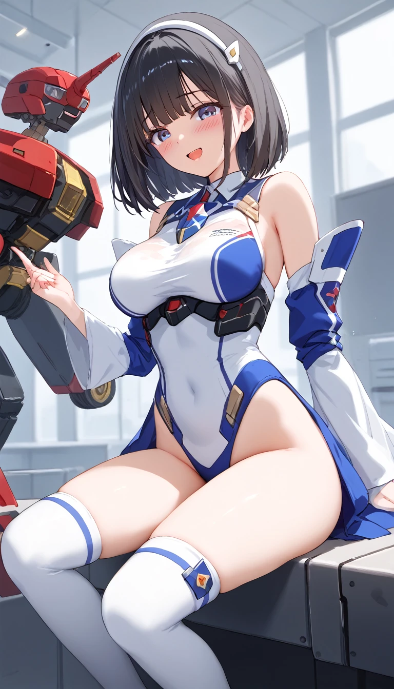 An absurd solution, High resolution, (masterpiece: 1.4), Super detailed, A young woman with dark hair dressed as an engineer, Blushing and excited expression, Sitting in a very small, enclosed mecha control room