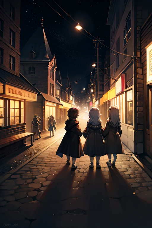 During the day,fantasy,long coat, a Beatles-inspired group of four people walk across a crosswalk, reminiscent of the Abbey Road album cover. BREAK Each of the four individuals is dressed differently, walking in sync. BREAK Cars and buildings surround them, adding to the busy city atmosphere.Break masterpiece,ultra quality,best quality,ultra detailed,super detailed,super fine illustration,8k,8k quality,in 8k,8k background,anime style,pov,