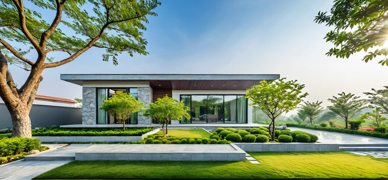 qlcd,tingyuan, photo of modern villa, grassland, garden, shrubs and trees, rock decoration, clear sky, sun light, realistic photo