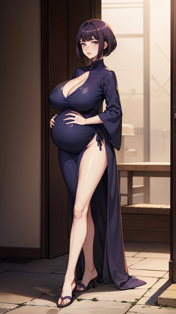 Mulher pregnant com vestido roxo gigante, From the front, high qualiy, awardwinning, high resolution, 8K standing alonemastery, standing alone, 1womanl, from the front, mellow, milf, purple cropped hair, blue colored eyes, happy eyes, long robe decotado , tall woman, 29-years-old, milf,  mysterio, cuvilinear body, Big locks and pussy, small  breasts, huge ass , huge ass niples, hein, pregnant, pregnant woman, cabelo roxo, long robe, hinterland, dress covers the legs, mistery, safada