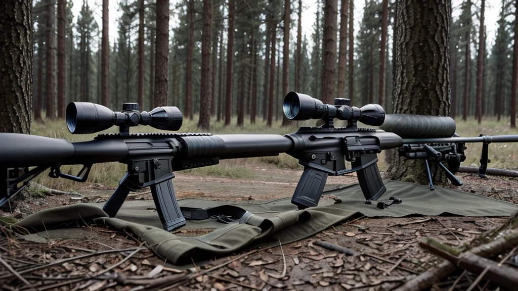 In the woods.One man soldier.Has a sniper rifle.Sniper looking through rifle scope.Prone and firing.scared.There's smoke behind.The camera is close to the sniper