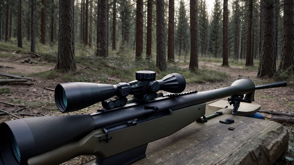 In the woods.One man soldier.Has a sniper rifle.Sniper looking through rifle scope.Prone and firing.scared.There's smoke behind.The camera is close to the sniper