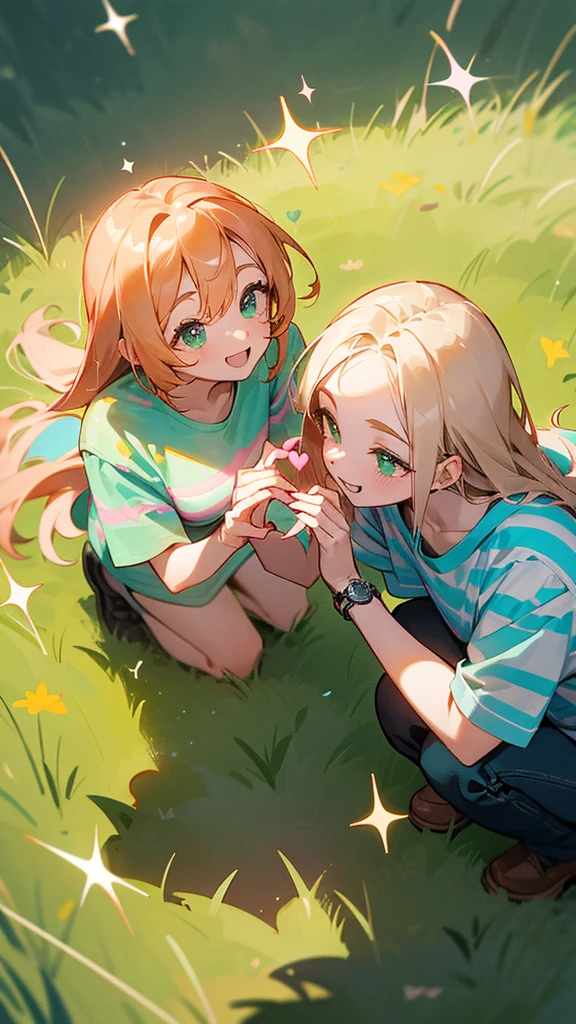 “Create an overhead photo of two people forming a heart shape with their hands. One person is standing, and the other person is crouching, looking up and smiling, wearing a striped shirt and a watch. Add two drawn sparkles above the crouching person. The background is a green grassy field.”