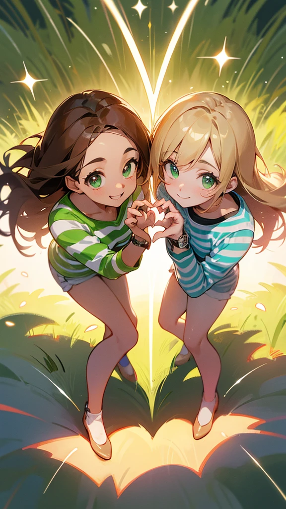 “Create an overhead photo of two people forming a heart shape with their hands. One person is standing, and the other person is crouching, looking up and smiling, wearing a striped shirt and a watch. Add two drawn sparkles above the crouching person. The background is a green grassy field.”