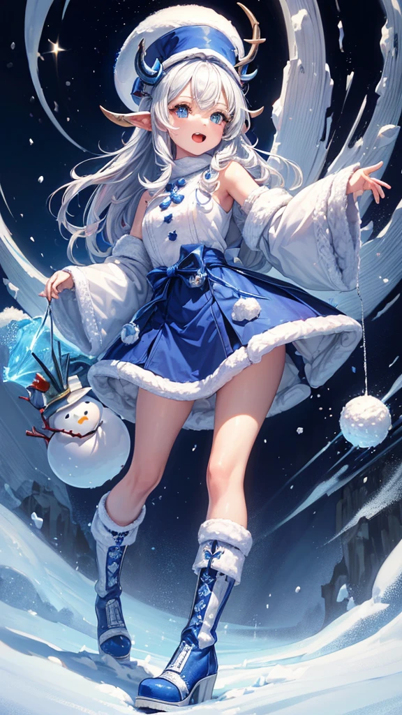 (masterpiece, highest quality, ultra high res, ultra detailed:1.3), 1 snowman, blue hat, the hat shaped like two zigzag horns, blue boots, open mouth like half moon, 2 fangs, snow ball body, snow ball face,