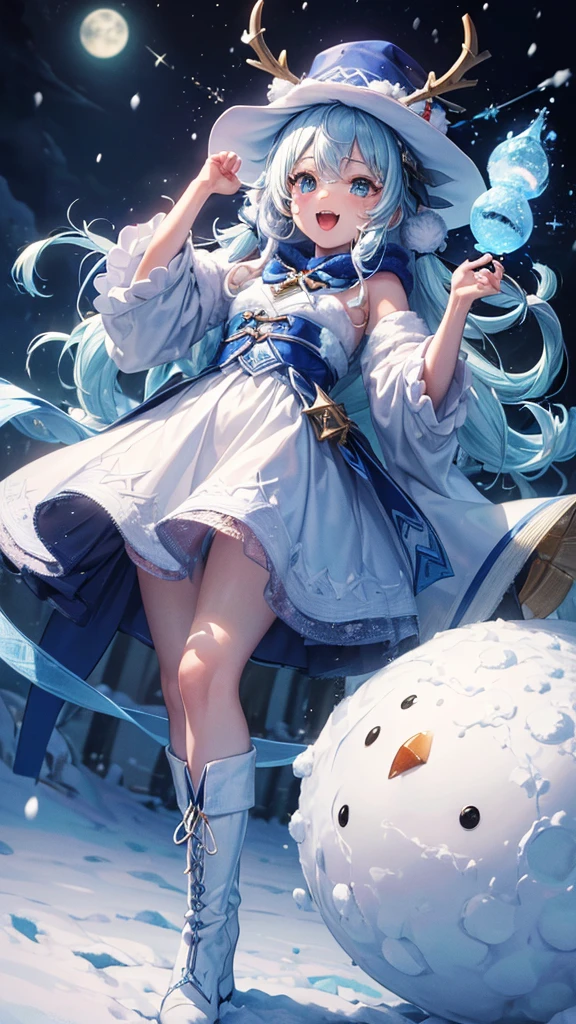 (masterpiece, highest quality, ultra high res, ultra detailed:1.3), 1 snowman, blue hat, the hat shaped like two zigzag horns, blue boots, open mouth like half moon, 2 fangs, snow ball body, snow ball face,