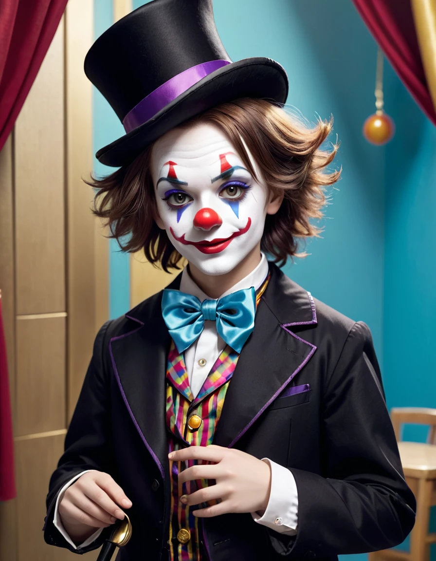 I need a female doll, dressed and made up like a clown, she would have medium brown hair And a boy dressed as a magician with a top hat he would also have brown hair, I want him just like a magician, no clown makeup on the boy And the two of them would be kissing
