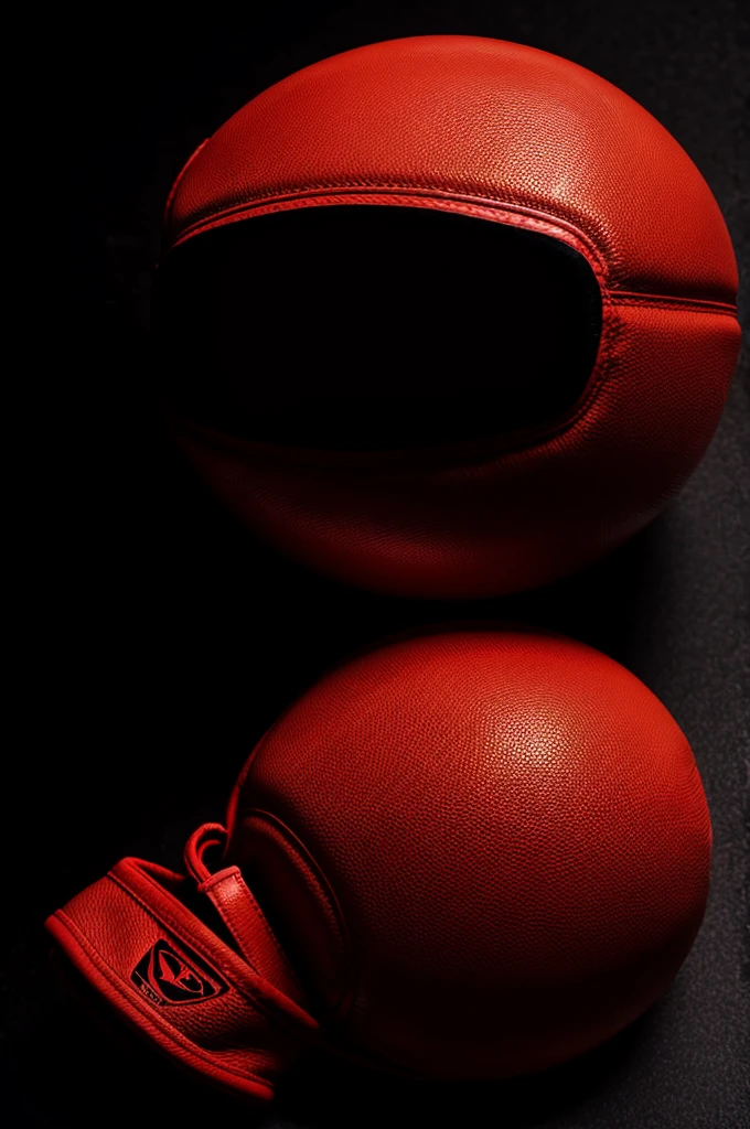 A red boxing glove ( on a black background), with a basketball next to it. 