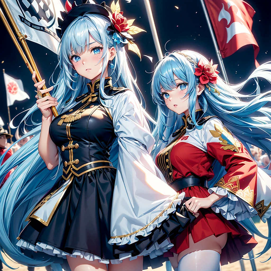One girl、Absurd、The notes are arranged in a circle、Dynamic configuration、marching band、(((masterpiece、Highest quality、Official Art、Very detailed、Handsome face、Dynamic configuration)))、Anime Style、(Milky white and blue hair:1.3),(blue eyes:1.4),(Bright colors:1.4), marching bandのユニフォーム, marching bandの帽子、mini skirt, Frills, Two hands holding a black and white gold embroidered flag,(background:Large red flag and gold flower embroidery on the back, Note, )、Giant Flag、旗をbackgroundにかっこいい構図、marching band、marching bandユニフォーム、