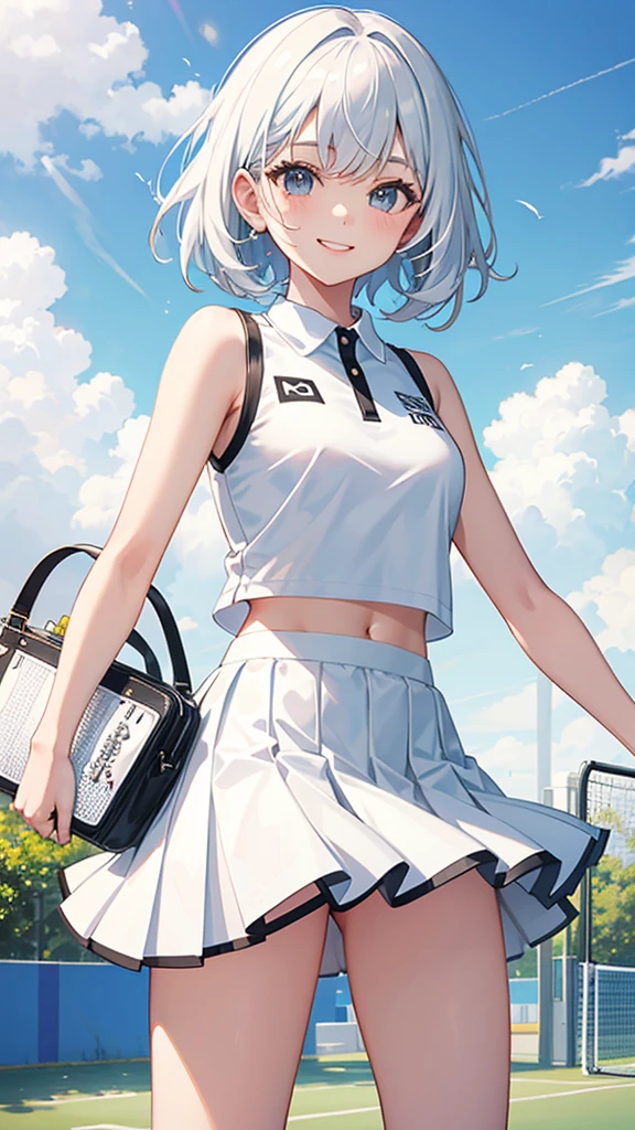 White tennis wear No sleeve Short mini skirt Medium-long black hair Great style smile garden