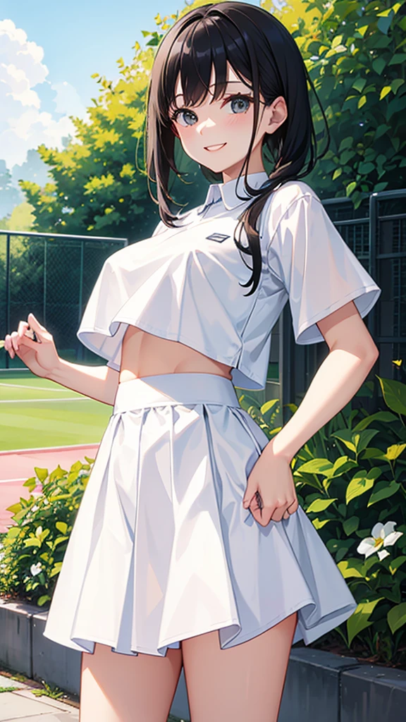 White tennis wear No sleeve Short mini skirt Medium-long black hair Great style smile garden