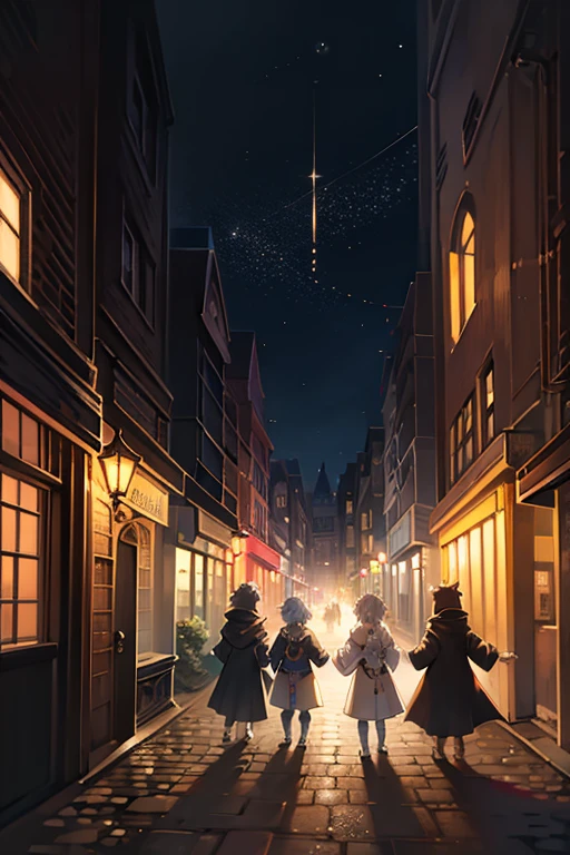 During the day,fantasy,long coat,magic world, a Beatles-inspired group of four people walk across a crosswalk, reminiscent of the Abbey Road album cover. BREAK Each of the four individuals is dressed differently, walking in sync. BREAK Cars and buildings surround them, adding to the busy city atmosphere.Break masterpiece,ultra quality,best quality,ultra detailed,super detailed,super fine illustration,8k,8k quality,in 8k,8k background,anime style,pov,