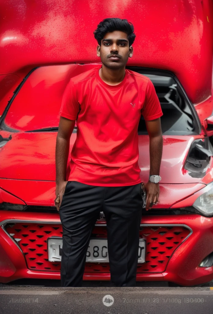 arafed man standing in front of a red car on a city street, with a cool pose, full body photogenic shot, full body picture, front profile!!!!, candid picture, * colour splash *, standing in road, jayison devadas, taken with canon 8 0 d, full body photograph, shot on sony a 7, very artistic pose
