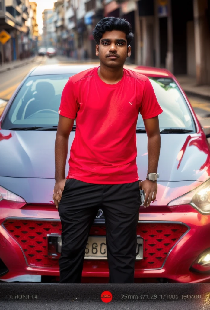 arafed man standing in front of a red car on a city street, with a cool pose, full body photogenic shot, full body picture, front profile!!!!, candid picture, * colour splash *, standing in road, jayison devadas, taken with canon 8 0 d, full body photograph, shot on sony a 7, very artistic pose