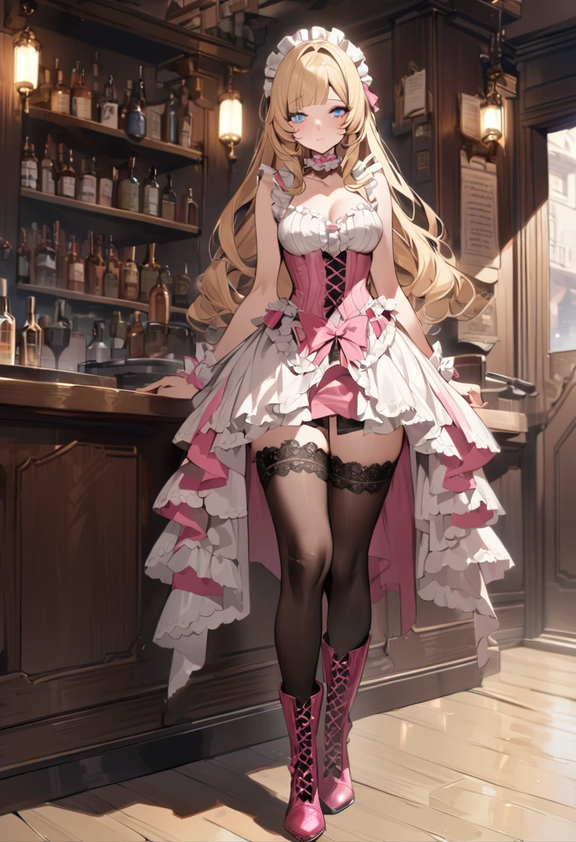 Curls,blonde_hair,blue_eyes,long_eyelashes,long_hair,fringe_bangs,side_curls,fullbody,standing,masterpiece,highress,frilly intricate pink saloon girl dress,knee length skirt,white accents, frilly lace choker,pink corset,lace up heeled boots,stockings,saloon,short at the front center of the skirt,frilly sleeveles saloon girl dress with sweatheart frilled neckline,