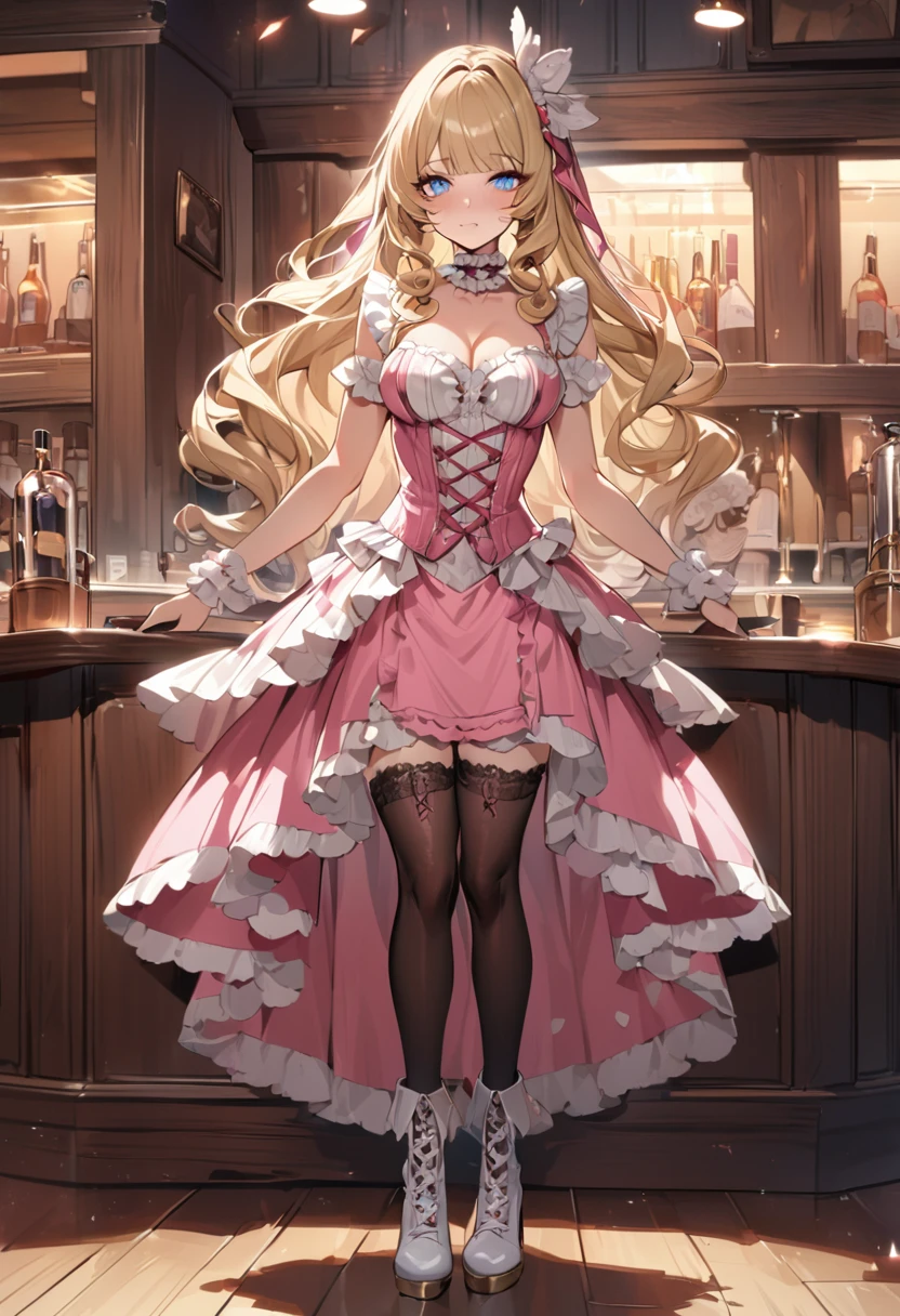 Curls,blonde_hair,blue_eyes,long_eyelashes,long_hair,fringe_bangs,side_curls,fullbody,standing,masterpiece,highress,frilly intricate pink saloon girl dress,knee length skirt,white accents, frilly lace choker,pink corset,lace up heeled boots,stockings,saloon,short at the front center of the skirt,frilly sleeveles saloon girl dress with sweatheart frilled neckline,