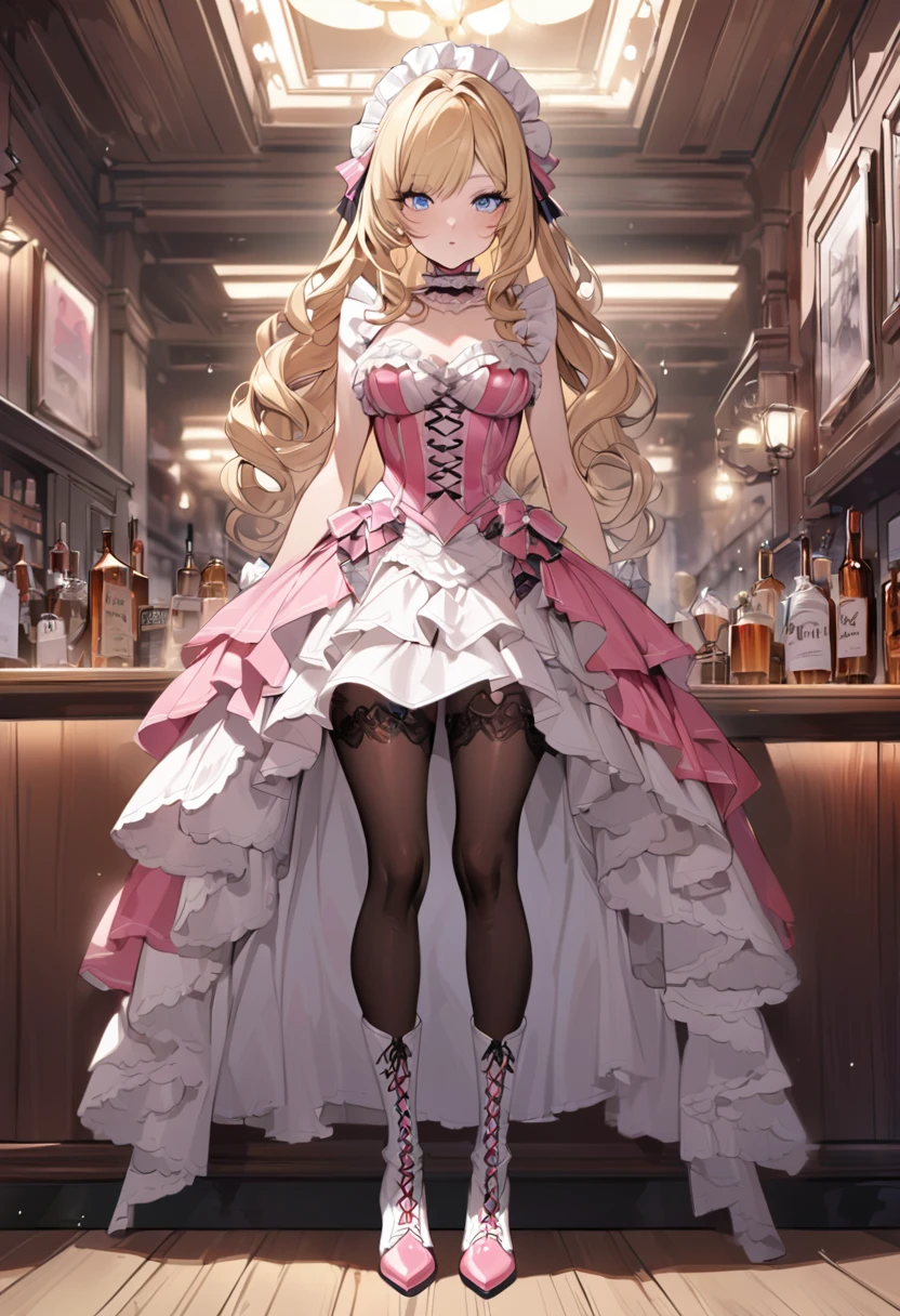 Curls,blonde_hair,blue_eyes,long_eyelashes,long_hair,fringe_bangs,side_curls,fullbody,standing,masterpiece,highress,frilly intricate pink saloon girl dress,knee length skirt,white accents, frilly lace choker,pink corset,lace up heeled boots,stockings,saloon,short at the front center of the skirt,frilly sleeveles saloon girl dress with sweatheart frilled neckline,