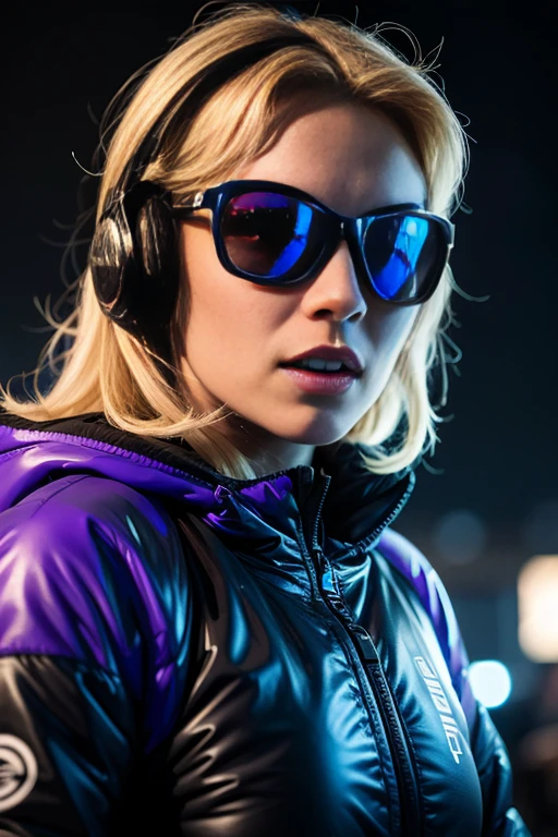 One ultra hot European gorgeous woman, age 23, blonde wavy hair. small sunglasses, full size headphones, dark New Year's outside rave party,DJ working at DJ booth, in a snowy village.neon cyberpunk at night, coordinator neon glow, ultra-detailed, photo-realistic:1.37), portraits, (vivid colors), rave lighting, energetic, enthusiastic, excited, expressive. Winter starry night. Masterpiece. Northern lights, laser light