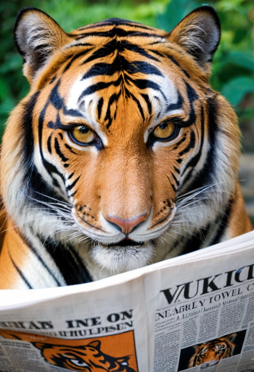( Tiger wearing glasses), (no humans),The tiger sat reading the newspaper with its eyes on, majestic, focused, profound, sharp, amber, intelligent, powerful, gentle, elegant, arched, leisurely, majestic, powerful