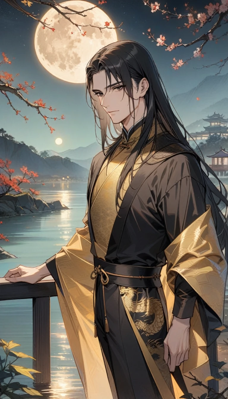 masterpiece, best quality, outdoor, night, Full Moon, Lakeside, Branches, 1 man, Mature man, Chinese, China, Black Hair, black eyes, Split ends, Long hair, Long bangs, Handsome, Handsome, male, Moderate, High target, calm, Black and gold mixed outfit, Golden pattern, dragon pattern, prince,