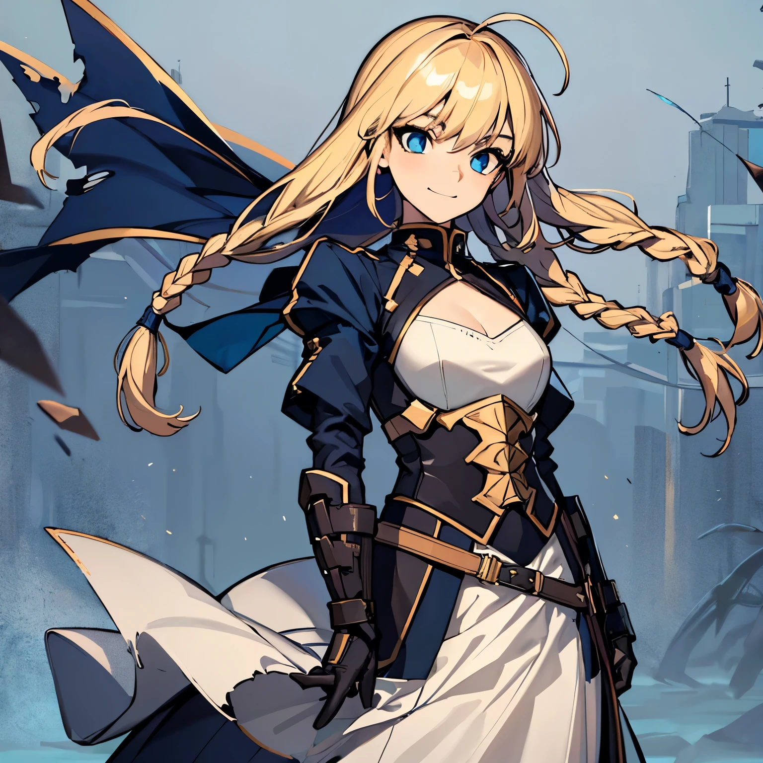 (absurdres, 8k, 4k, masterpiece, hyper extreme detailed:1.2), solo, front view portrait, best quality, portrait, solo, adult, cowboyshot, full body, perfect anatomy, 1girl, perfect face, expressive eyes, perfect eyes, friendly, confident, stubborn, understanding, medieval, hero, long braided hair, tomboy, armor, heroic, twin braids, smile, carefree, blonde hair, dynamic pose, long skirt, swept bangs, gloves, half body, covered body, artoria pendragon \(fate\), armor, flowing hair, flowing clothes, messy hair, wind, windy, hands in pockets, torn dress, battleworn