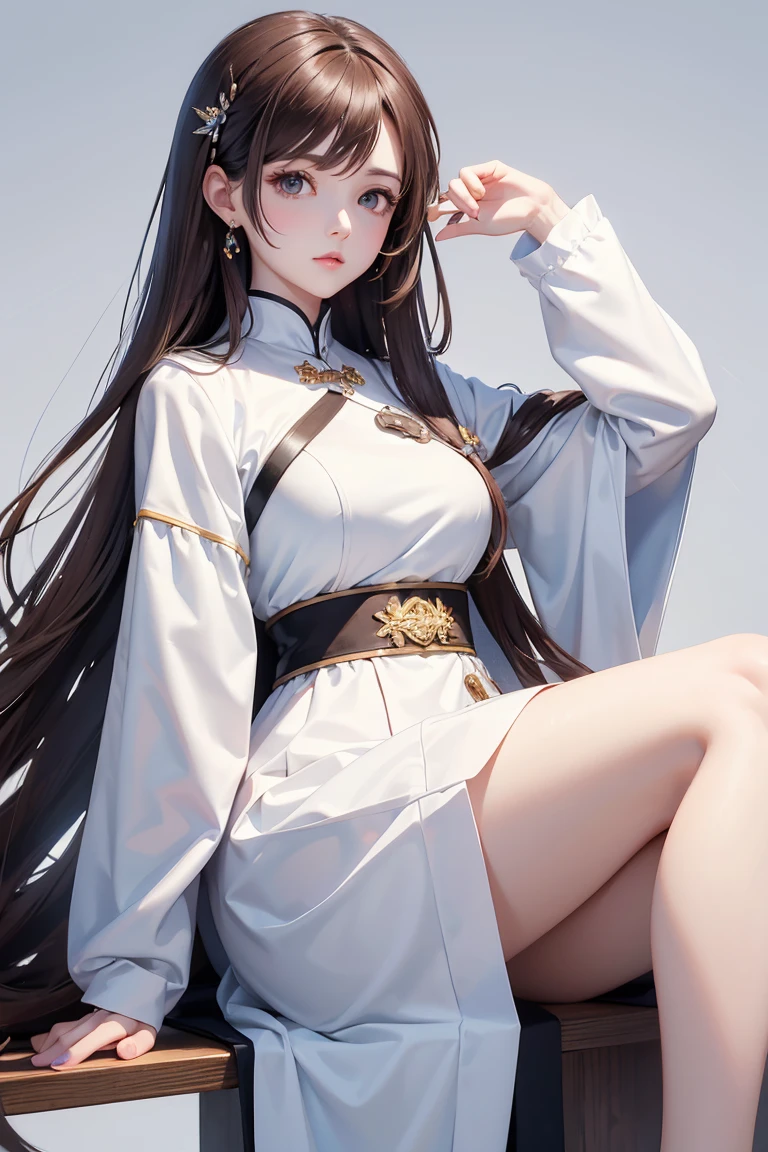 Masterpiece, Best quality, 1 Female, Mature Woman, Elder Sister, young girl, Royal Sister, brown eyes, long hair, smoky mix brown color hair, resolute eyes, white mix blue uniform, long white eardrop, Chinese mix morden, frontal photo, blank background, remove background, anime, illustration