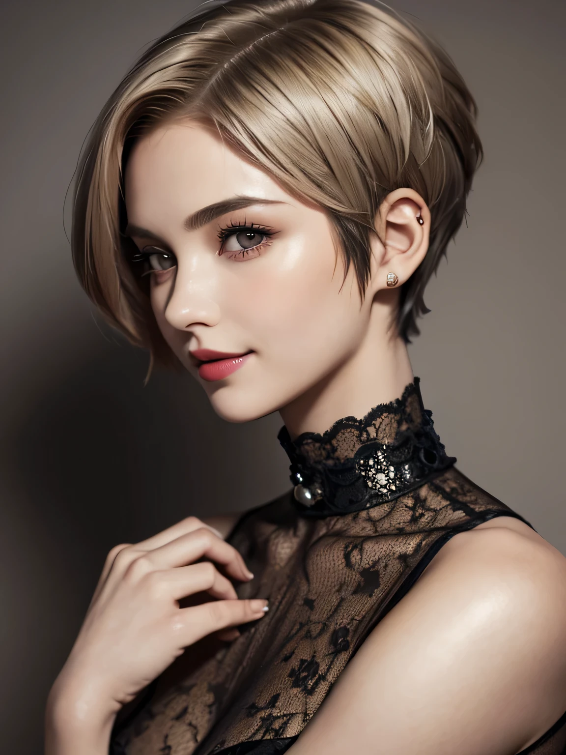 143
(20-year-old woman), (Surreal), (high resolution), ((Beautiful Hairstyles 46)), ((short hair:1.46)), (A kind smile), (Busty:1.1), (lipstick)
