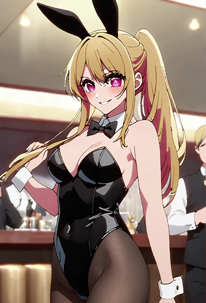 Blonde、Highest quality、high resolution、8K,Highest quality、Star-shaped pupil、The best smile、long hair、Pink Eyes、ponytail、Cowboy Shot、One person、playboy bunny,rabbit ears, black rabbit ears, fake rabbit ears, pantyhose, black pantyhose,bowtie, wrist cuffs, black leotard,