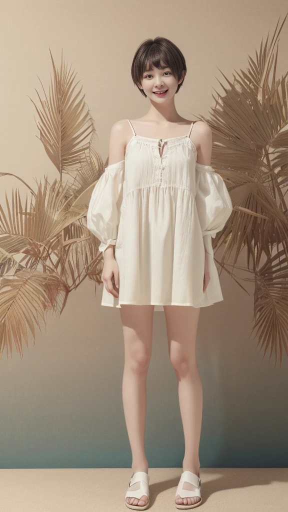 (((Full Body Shot)))、Tropical sandy beach、Standing posture、1girl、(( face))、(Full Body Shot)、(Surreal)、(Awareness-raising)、(High resolution)、(8K)、(Very detailed)、(Best illustrations)、(wallpaper)、(Beautiful and detailed eyes)、(Highest quality)、(Ultra-detailed)、(masterpiece)、(Detailed face)、Pure Erotic Face Ace_v1、View your viewers、Fine details、Detailed face、Low Key、Laughter、Pixie Cut、Cute clothes、clear、Serious clothes、Diagonal bangs、Brown Hair、