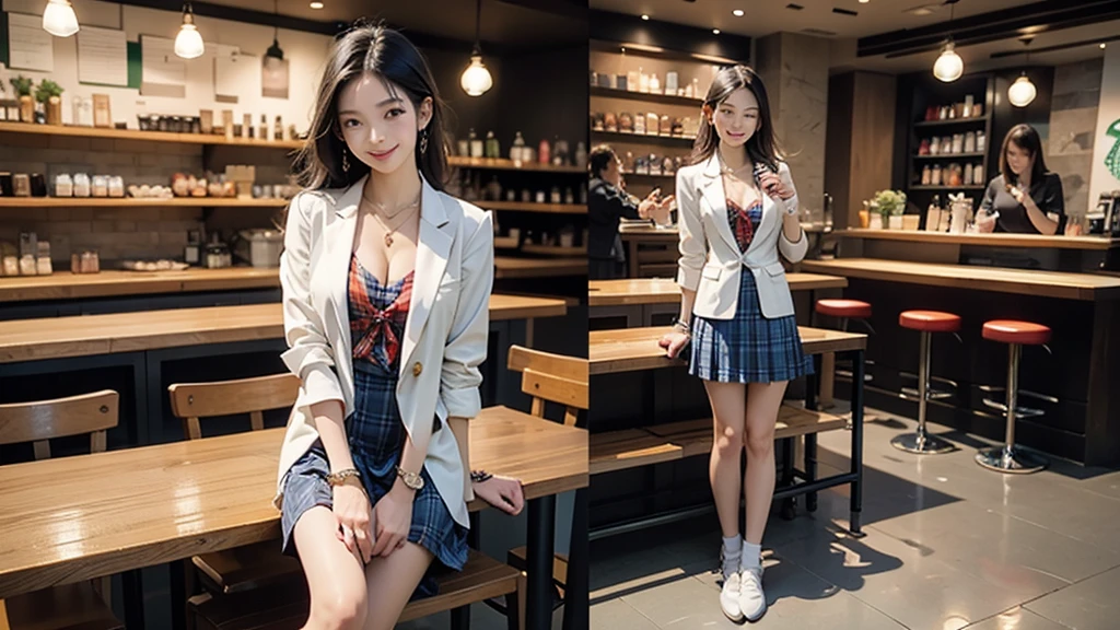 8K、RAW Photos、Highest quality、Super detailed、Super Resolution、Ultra HD、8K壁紙、Amazing details blazer uniform girl ((White blouse with formal collar, Blue Blazer,
Red Check Skirt, Red checkered ribbon on blouse)), Complete limbs, Full Finger,
(((((Starbucks)))))、((((Cafe bench with sea view))))((16 year old female student))、(((((Eat cake、Drink coffee、smile)))))、(((Heart Necklace、Gold bracelet)))
(((Emphasize cleavage)))
((((Full body photo、The whole body is visible、Full body portrait))))