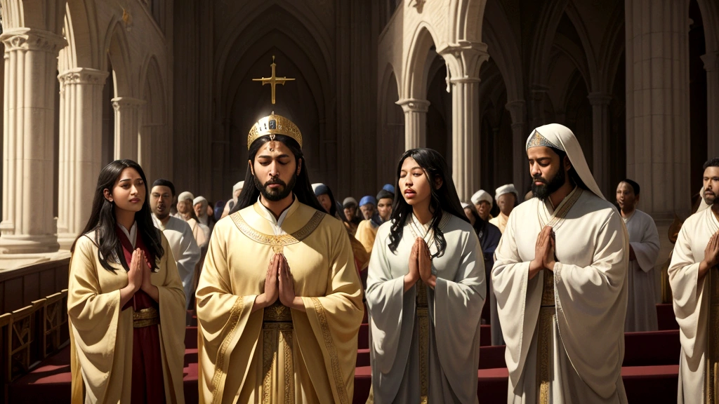 "A serene depiction of believers from diverse backgrounds gathered around a radiant throne of light. The atmosphere is filled with peace and joy as they engage in prayer and worship. Rays of light illuminate their faces, symbolizing the presence of God and the promise of eternal communion in Heaven. The scene evokes a sense of comfort and motivation, emphasizing the hope and encouragement that Heaven provides to those who live a righteous and faithful life."