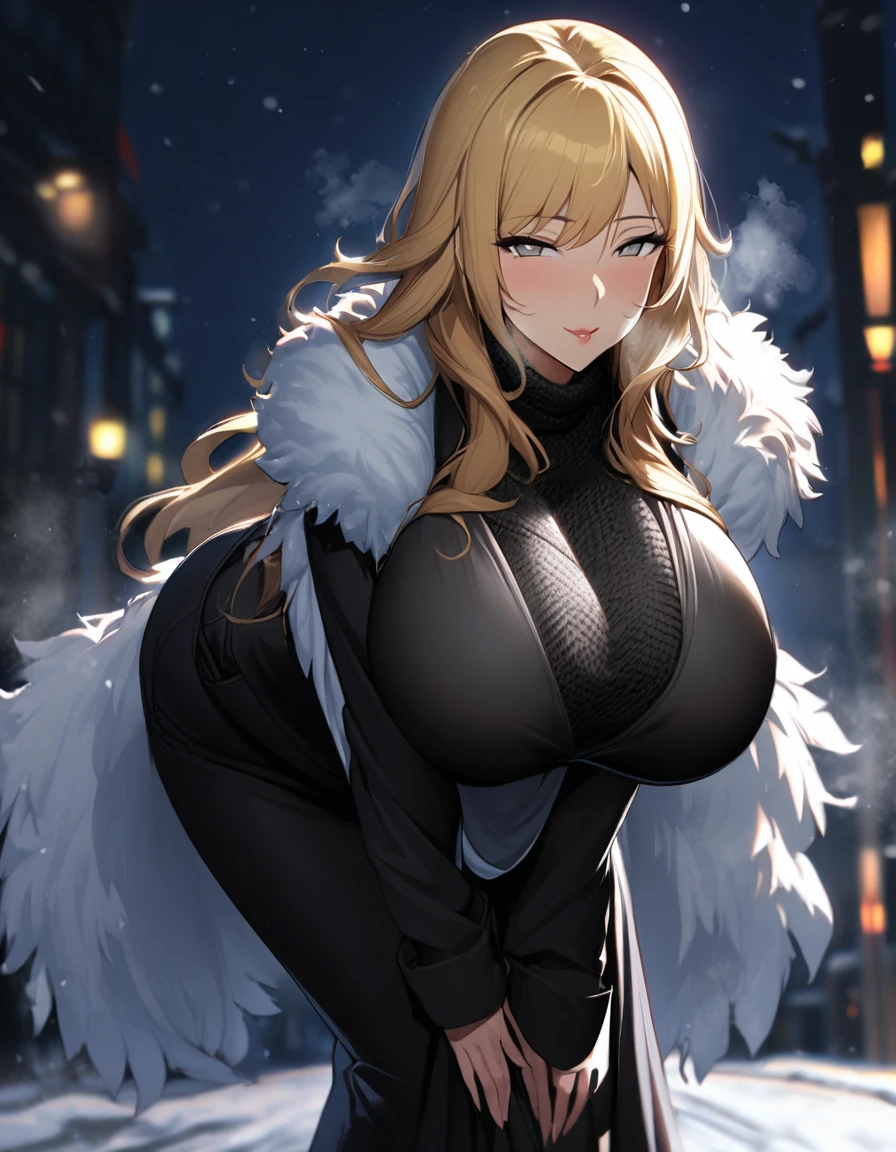 1girl,solo,Mature Women,Females in heat,blonde hair color,long hair,grey eyes,slanted eyes,Fluffy black coat,super huge breasts,slender,black knit long sleeves,Steam comes out of the body,breath,feather shawl,amorous glance,looking at viewer,near,bending over,Snow is falling midnight street