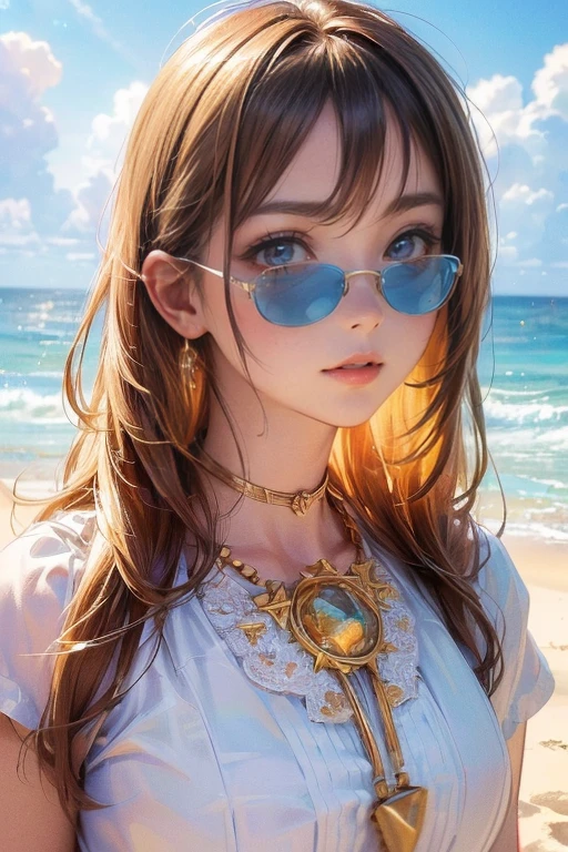 (Highest quality, High resolution, 32k , Super detailed:1.3, masterpiece:1.2, Realistic:1.37), Enjoying a beach vacation, pretty girl, Crystal White Skin, Wearing a colorful and cute sunglass:1.5, Golden sandy beaches, portrait