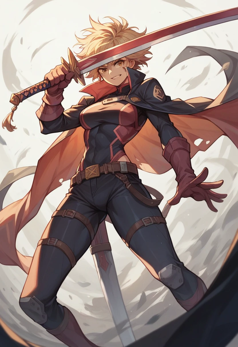 A hero, a woman, one person, a vast grassland in the background, holding a sword in her hand,