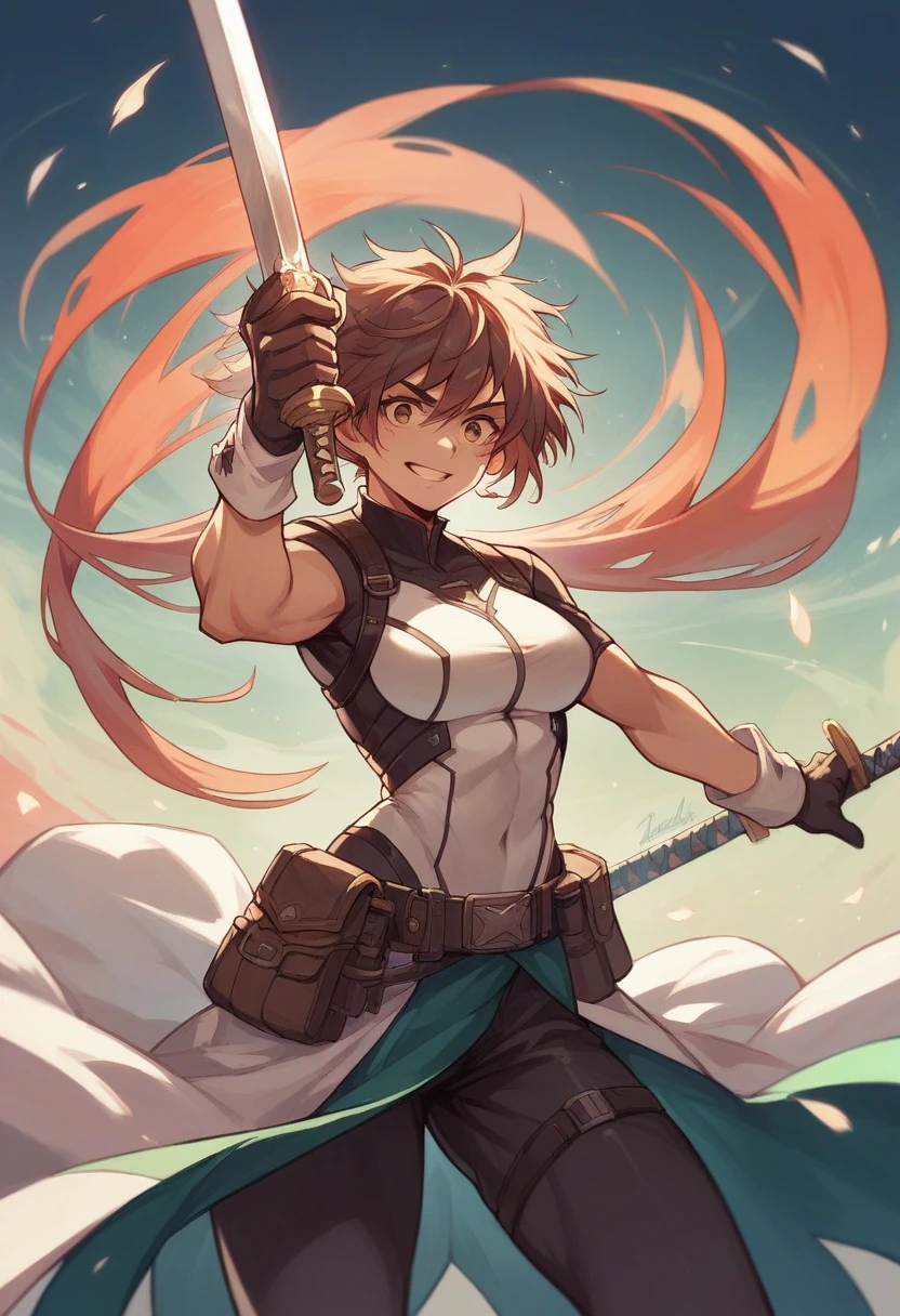 A hero, a woman, one person, a vast grassland in the background, holding a sword in her hand,