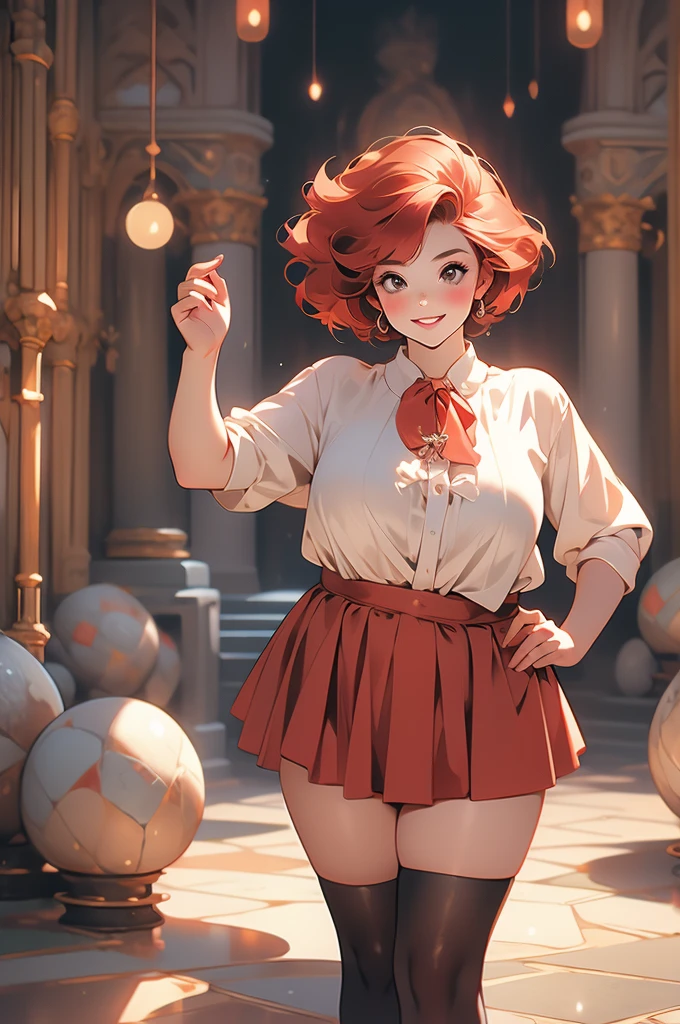 1girl, shortstack, plump, dwarf, looking up at viewer, short red hair, sassy smirk, blouse, skirt, stone floor