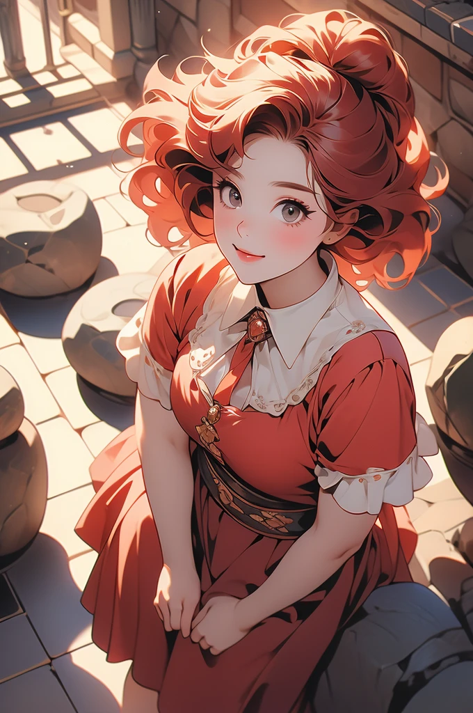 1girl, shortstack, plump, dwarf, looking up at viewer, short red hair, sassy smirk, blouse, skirt, stone floor
